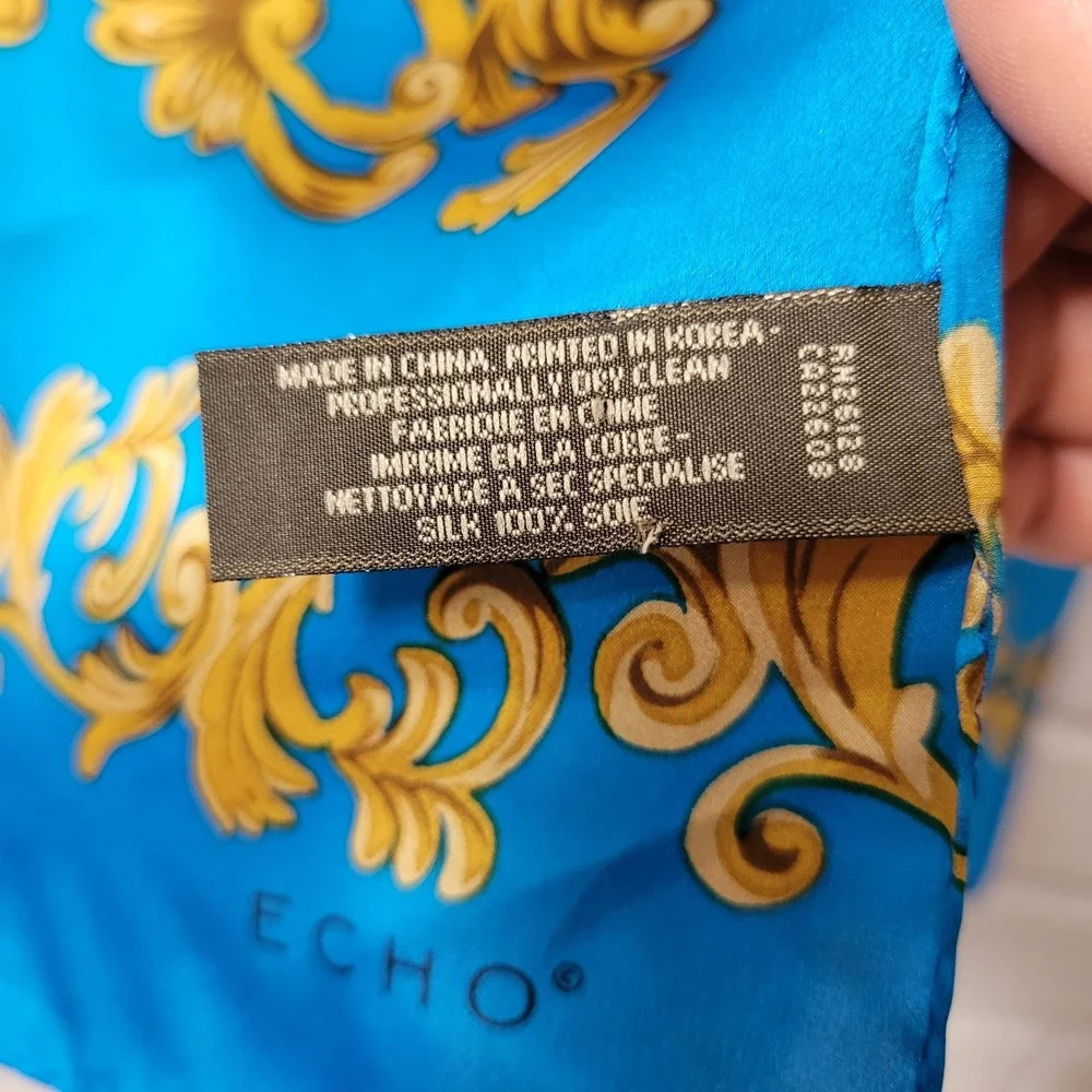 Vtg 90s Echo Silk Scarf Blue Gold Baroque Cherub Print Oblong 11X58 Maximalist